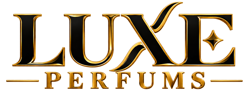 Logo LUXE PERFUMS en negro y dorado con fondo transparente