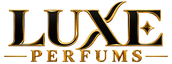 Logo LUXE PERFUMS en negro y dorado con fondo transparente